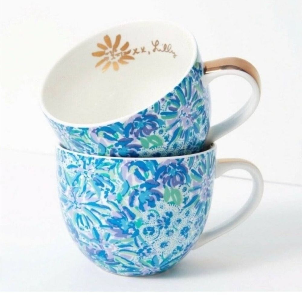 Lilly Pulitzer Blue Floral Ceramic Mugs Cups 12oz Set of 2